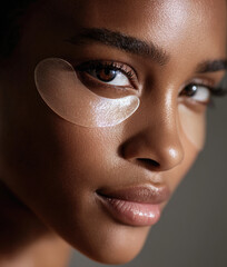 Young black woman applying under eye patches for skin care