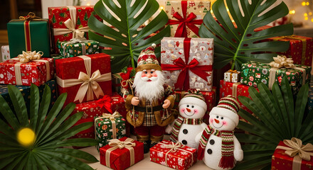 Cheerful Christmas Decoration with Colorful Gifts with Snowman and Santa Figures