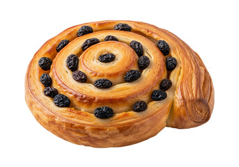 Freshly baked round bun with raisins on a white background, a sweet dessert pastry from the bakery