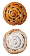 Round bun with raisins and with fine sugar, white background isolated