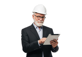 Elderly bearded man wearing white hard hat and glasses holding tablet computer isolated on transparent background
