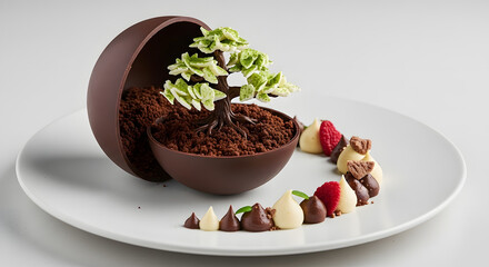 Artistic Chocolate Dessert with Tree Sculpture and Raspberry Garnish