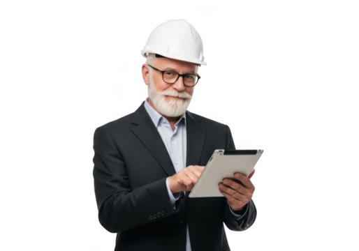 Elderly bearded man wearing white hard hat and glasses holding tablet computer isolated on transparent background - Powered by Adobe
