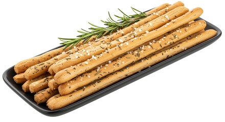 A black rectangular serving dish overflowing with long, slender grissini, white background isolated