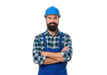 A confident male construction worker with a full beard wearing a blue hard hat and overalls with arms crossed isolated on transparent background