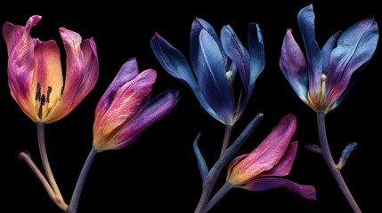 Fototapeta premium Five wilted tulips with vibrant colors against a black background. The flowers are in various stages of wilting, with petals falling off and the stems showing signs of decay.