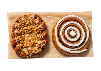 Fresh baked round bun with raisins and with cinnamon on brown plastic, a delicious sweet dessert pastry