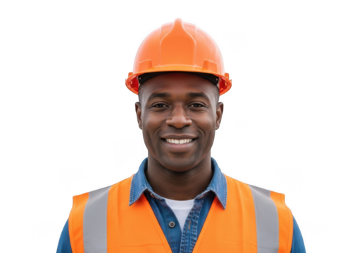Smiling african american construction worker wearing an orange hard hat and safety vest isolated on transparent background