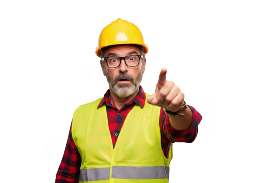 Mature bearded man wearing yellow hard hat and reflective safety vest pointing finger forward isolated on transparent background