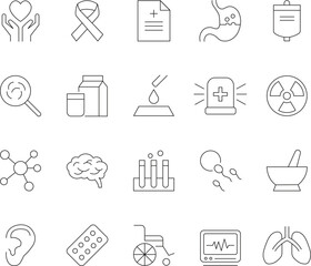 Modern healthcare line icons set featuring medical symbols for hospitals clinics and wellness with editable stroke for flexible design applications