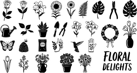 Floral Delights: Gardening Icons Set - Botanical Elements, Flowers, and Tools