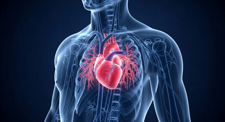 Human heart and circulatory system anatomical concept, detailed 3D rendering of the chest cavity showing the cardiac organ and vascular network in a translucent male body, medical science