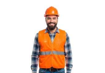Smiling bearded construction worker wearing orange hard hat and safety vest isolated on transparent background