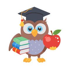Cartoon owl with graduation cap holding books and an apple perfect for education concepts
