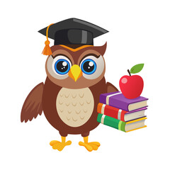Cartoon owl with graduation cap holding books and an apple perfect for education concepts
