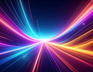 A vibrant abstract composition with luminous neon streaks radiating and intersecting on a dark blue background