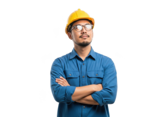A thoughtful construction worker wearing a yellow hard hat and blue shirt with arms crossed looking upwards isolated on transparent background