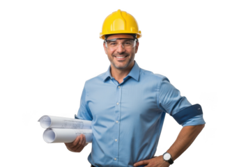 Smiling male construction worker wearing yellow hard hat and safety glasses holding blueprints isolated on transparent background