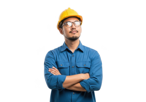 A thoughtful construction worker wearing a yellow hard hat and blue shirt with arms crossed looking upwards isolated on transparent background