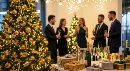 Office party concept with Christmas lights, confetti, and happy employees enjoying drinks. Great for social media banners and business campaigns.