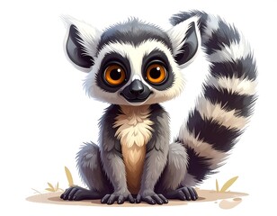 Obraz premium Cartoon ring-tailed lemur sitting, with big eyes and a long, striped tail