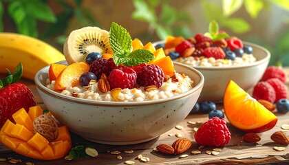 Delicious and Healthy Oatmeal Bowls with Fresh Fruits for Breakfast or a Snack