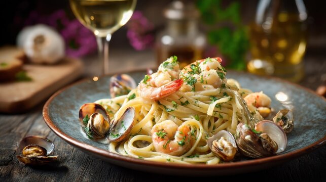 A plate of seafood linguine with clams, shrimp, and parsley, served with a glass of white wine on a rustic wooden table with a purple flower in the background.