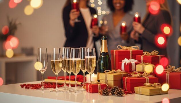 Festive office background with decorations, Christmas tree, and copy space, perfect for seasonal business advertising.