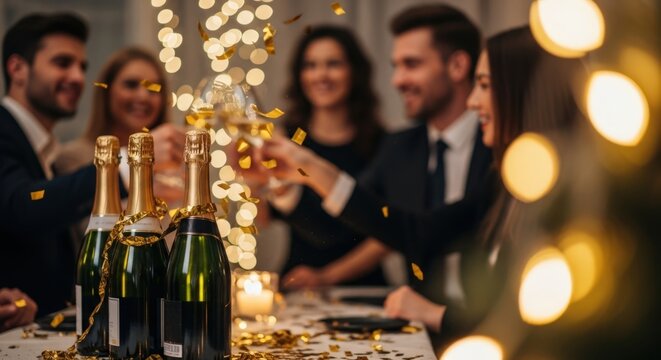 Corporate New Year party in modern office with champagne and lights