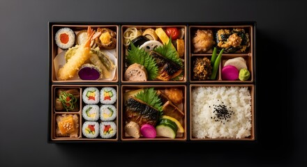 Traditional Japanese bento box with rice, fish, and vegetables