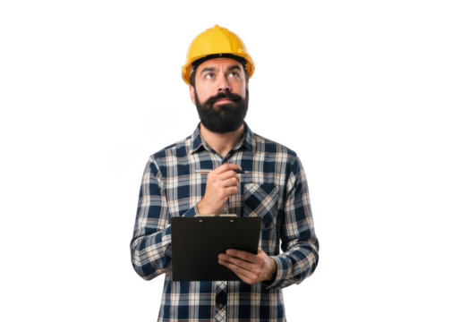 A thoughtful construction worker wearing a yellow hard hat holding a clipboard and pen isolated on transparent background