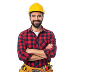 Smiling construction worker with crossed arms wearing a yellow hard hat and tool belt isolated on transparent background