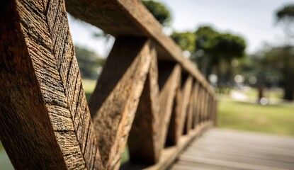 Close-up of weathered wooden bridge railing