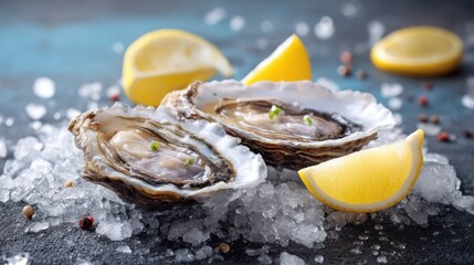 Two oysters on a bed of ice with lemon wedges and peppercorns, set against a dark blue background.