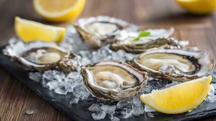 Fresh oysters on a bed of ice with lemon wedges, set on a dark wooden surface with a rustic, rustic background.