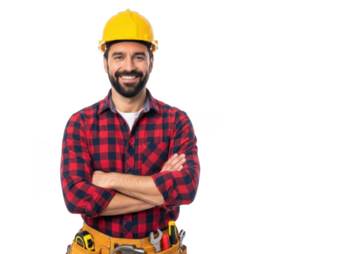 Smiling construction worker with crossed arms wearing a yellow hard hat and tool belt isolated on transparent background
