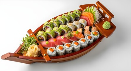Large sushi assortment served in wooden boat platter