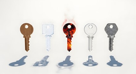 Conceptual image of a row of keys with one glowing red hot and burning, symbolizing a unique solution, danger, or urgency