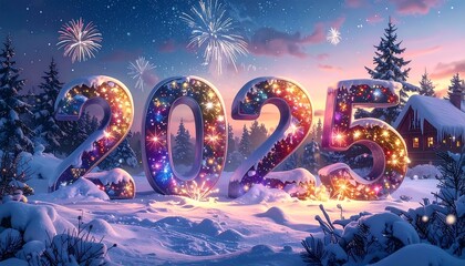 A whimsical winter scene with sparkling fireworks and large celebratory numerals on a snowy foreground. Houses in the distance