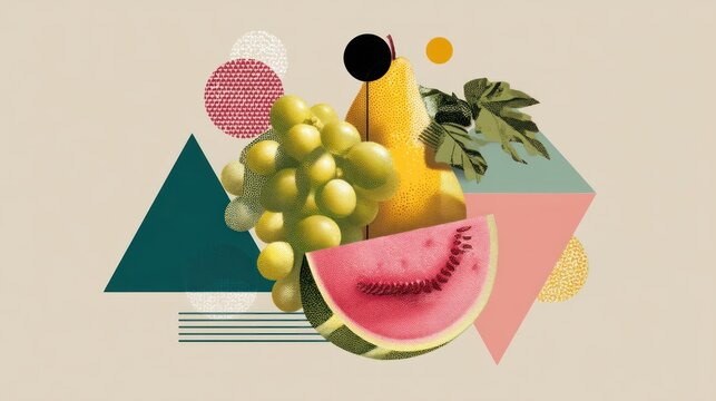 A colorful collage featuring fruits, geometric shapes, and abstract patterns on a beige background.