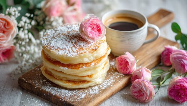 Stack of fluffy pancakes, dusted with sugar, beside a cup of coffee and pink roses