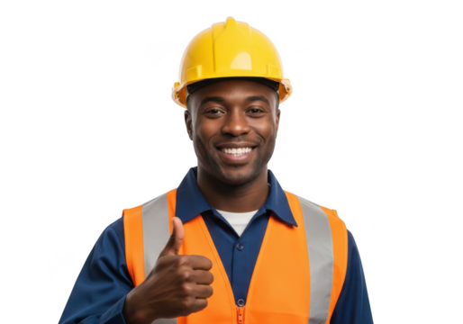 Smiling black man wearing yellow hard hat and orange safety vest giving thumbs up gesture isolated on transparent background