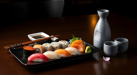 Sushi platter served with traditional sake drink