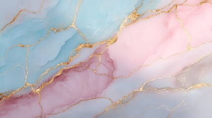 Abstract background with pink and blue marble patterns and gold leaf accents, creating a luxurious and artistic effect.