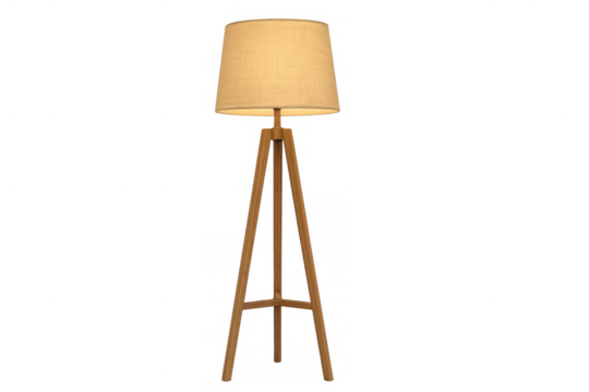 Wood tripod floor lamp with a beige fabric lampshade emitting a warm glow, providing elegant lighting for contemporary interiors