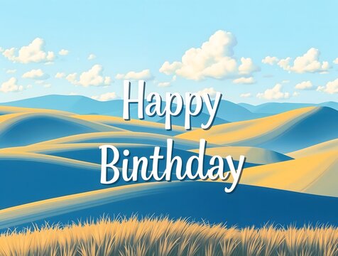 simple illustration of a stylized blue birthday card a serene landscape with rolling hills and fluffy white clouds, geometric shapes and vibrant blue with warm sunny glow