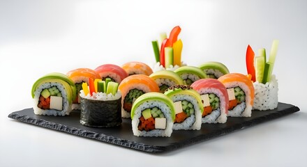 Colorful sushi rolls filled with avocado and cucumber