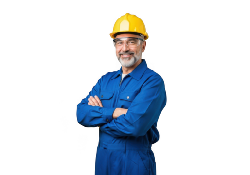 A smiling bearded man wearing a yellow hard hat and blue work overalls with his arms crossed isolated on transparent background
