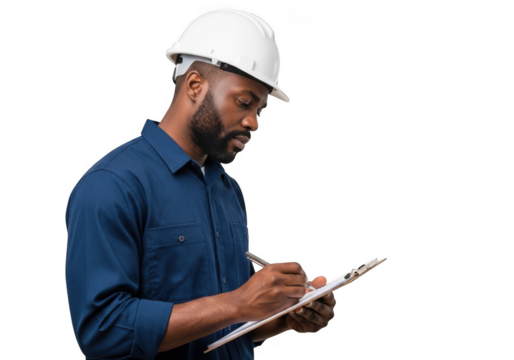 A focused construction worker wearing a white hard hat and blue uniform meticulously writing notes on a clipboard isolated on transparent background - Powered by Adobe