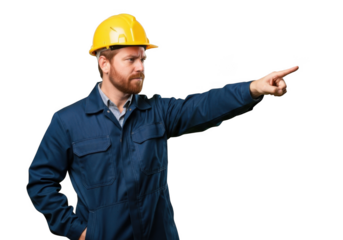 A determined male construction worker with a red beard wearing a yellow hard hat and blue overalls pointing his index finger to the right isolated on transparent background